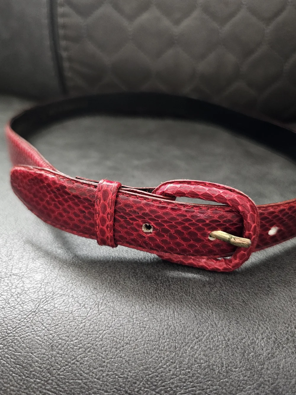 Vintage 1970-1980's Red Genuine-Snakeskin Leather Belt with Gold Buckle